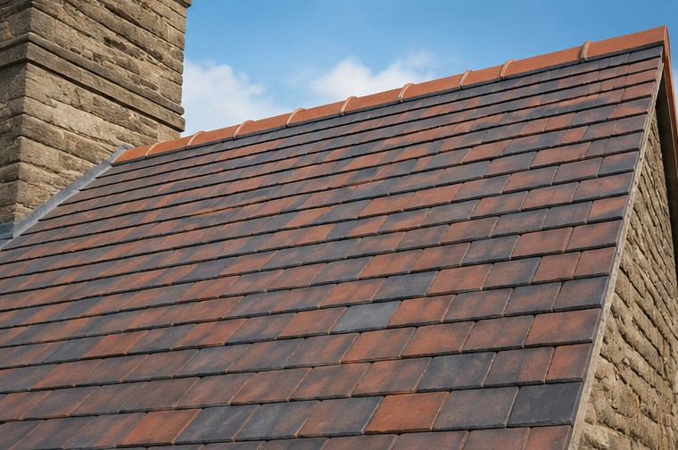 Close-up of new clay roof tiles