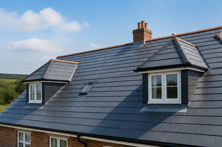 Newly installed slate roof with dormer windows