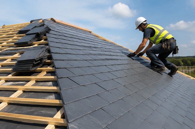 Roofer installing new roof tiles on a pitched roof