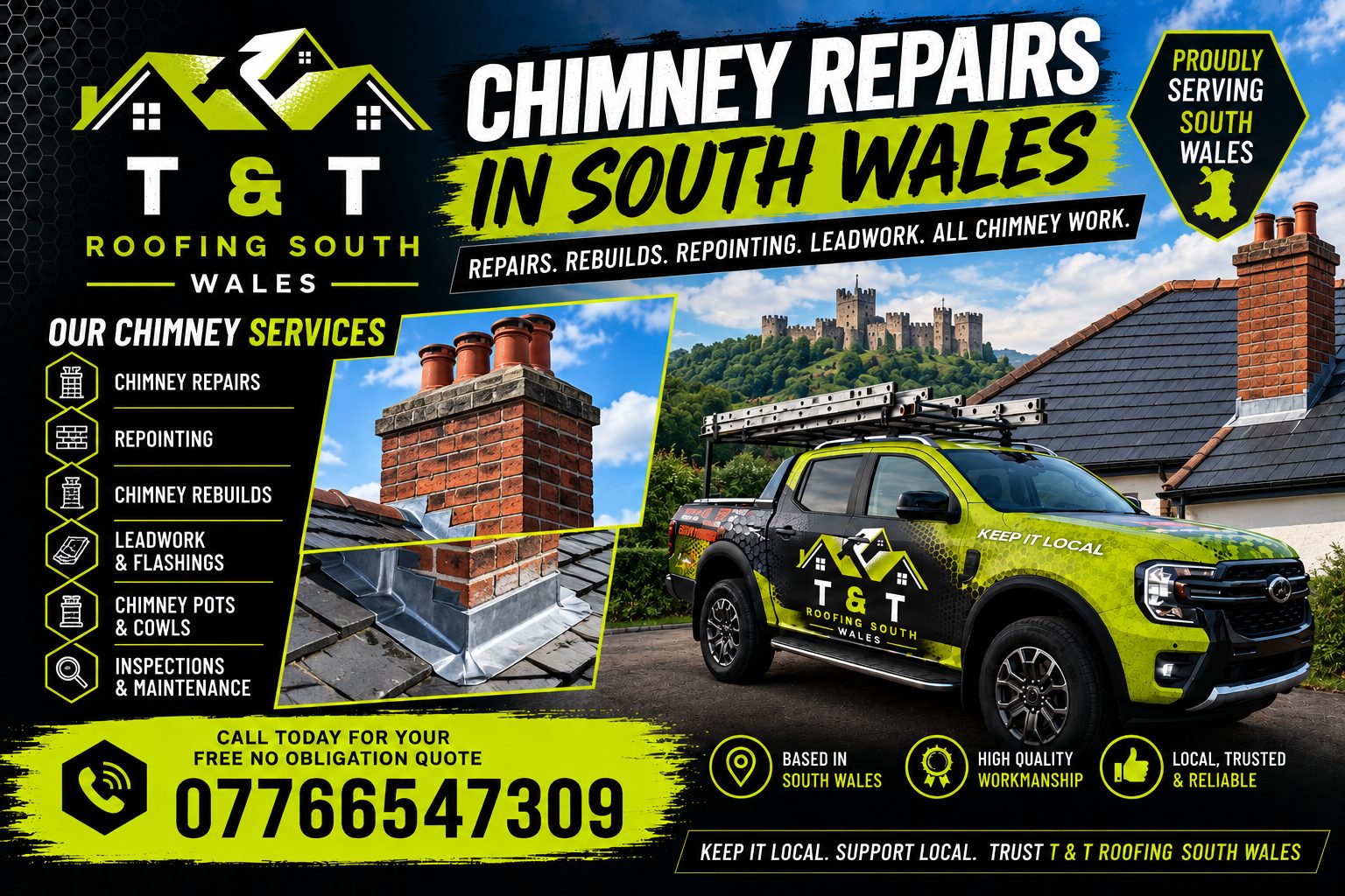 Chimney Repairs in South Wales from T & T Roofing: repairs, rebuilds, repointing and leadwork