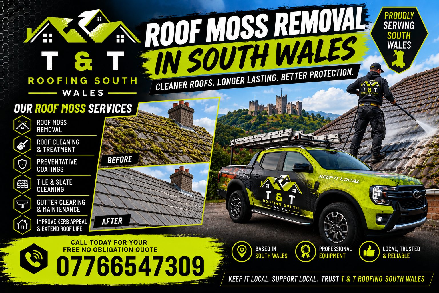 Roof Moss Removal in South Wales from T & T Roofing: roof cleaning, treatment and gutter clearing