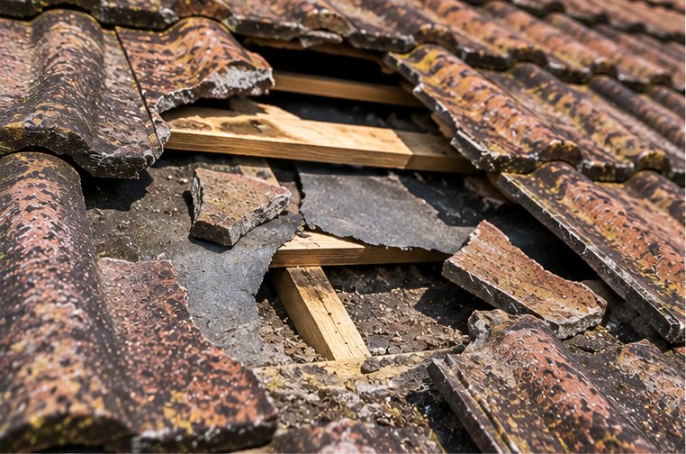 Broken and displaced roof tiles exposing the battens beneath