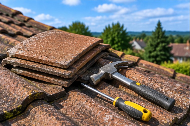 Broken and displaced roof tiles exposing the battens beneath