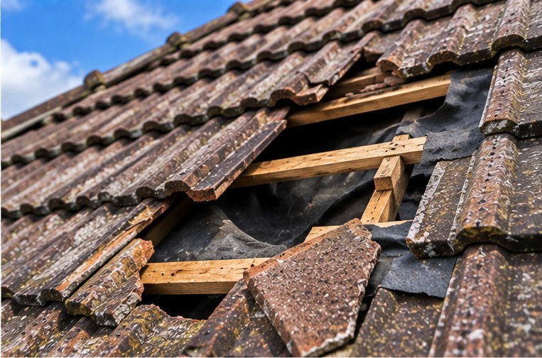 Emergency sheeting fitted over a damaged section of roof