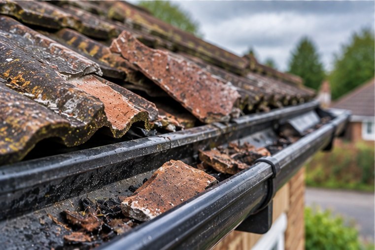 Emergency sheeting fitted over a damaged section of roof