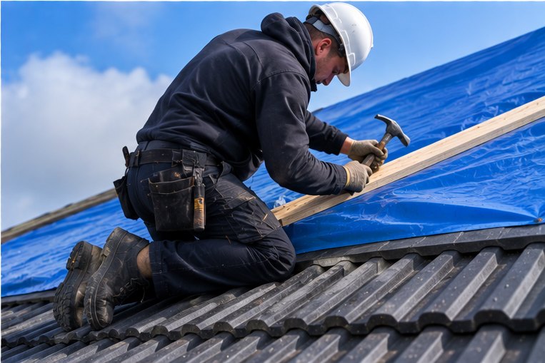 Emergency Roof Repairs under way on a Cardiff roof