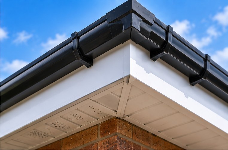 A rotted timber fascia board at the roof edge