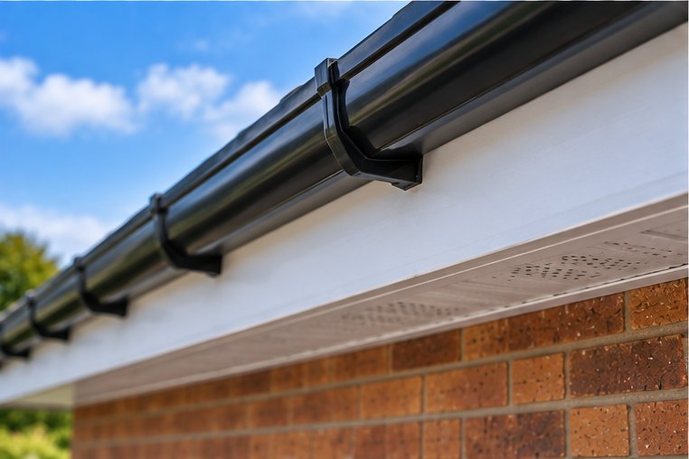 A rotted timber fascia board at the roof edge