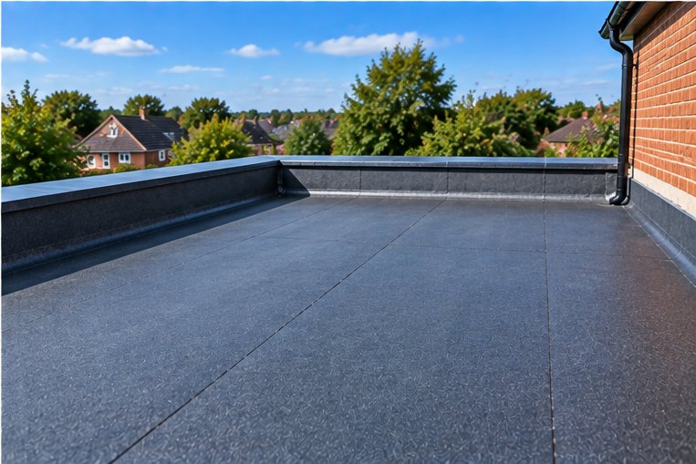 A felt flat roof with the covering torn back to the deck