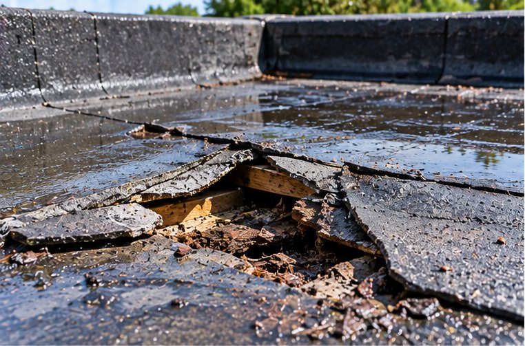 A split and blistered flat roof covering
