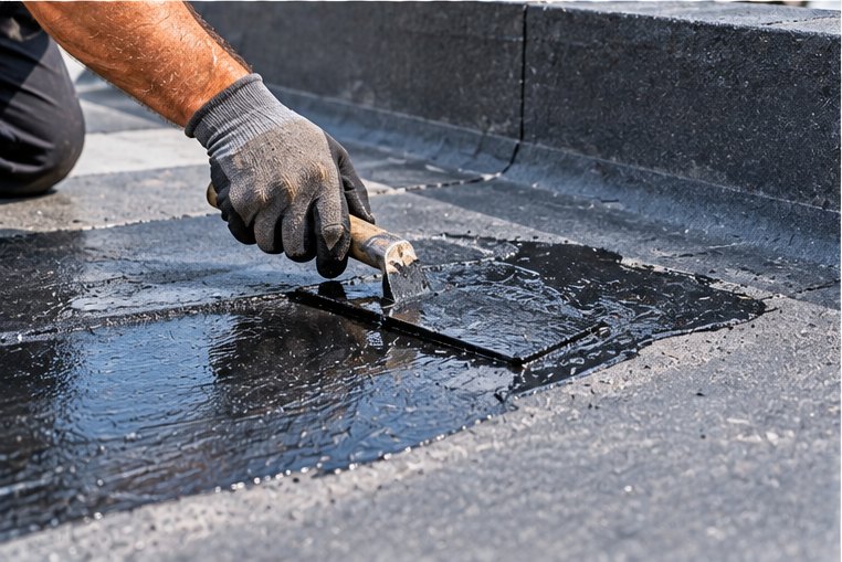 A split and blistered flat roof covering