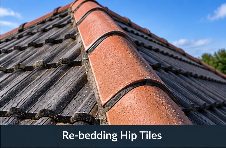 A hip line running down the corner of a tiled roof