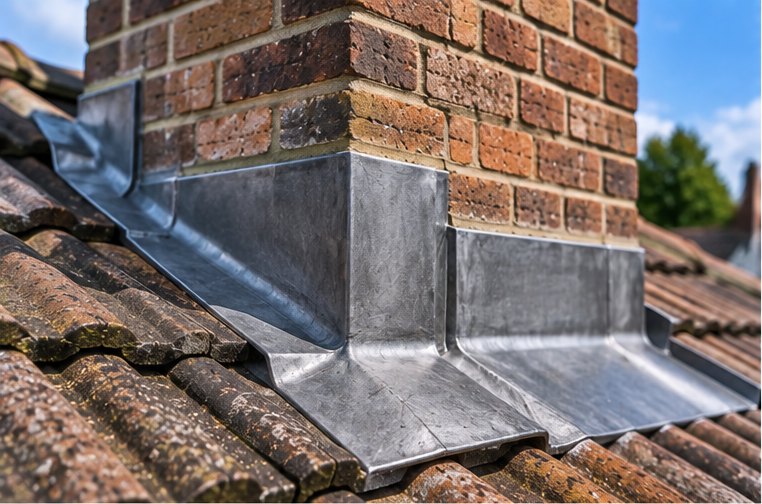 Lead flashing dressed into brickwork at a roof junction