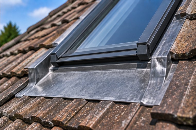 Lead flashing dressed into brickwork at a roof junction