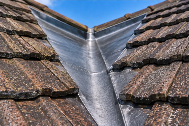 Lead flashing dressed into brickwork at a roof junction