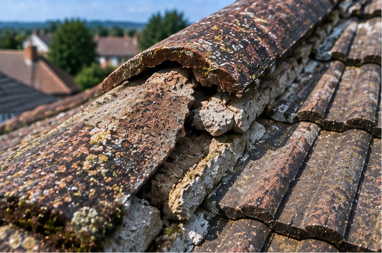 A ridge line with loose and weathered ridge tiles