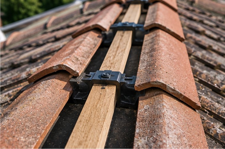 A ridge line with loose and weathered ridge tiles