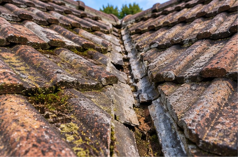 A roof valley between two pitches, silted and weathered