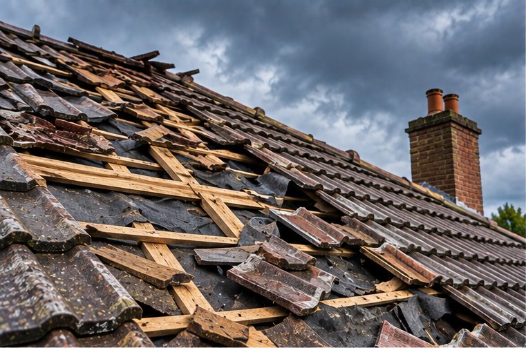 A roofer securing a tarpaulin over storm-damaged roof covering