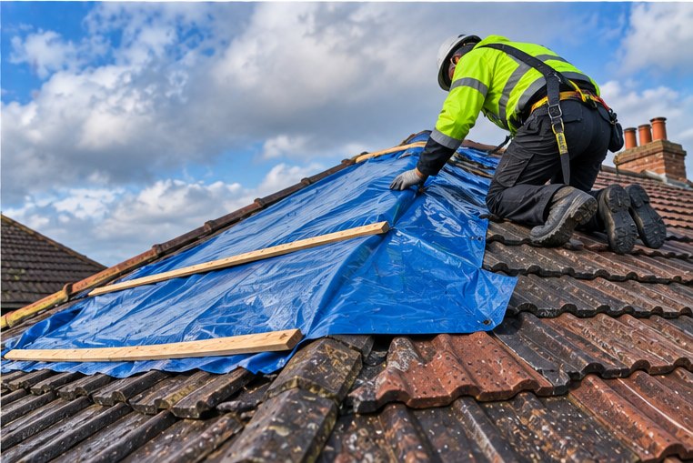 Storm Damage Roof Repairs under way on a Cardiff roof